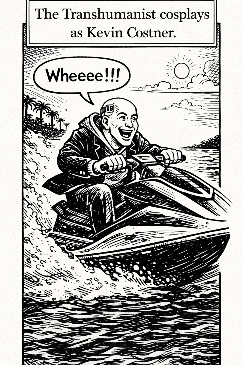 crow joe in the age of ai comic - the transhumanist, techbro technocrat with buisness suit over hoodie and visible brain chip, is riding a jet ski near a private island.  he has an over enthusiastic grin on his face and is exclaiming 'wheee!!!' the caption reads 'the transhumanist cosplays as kevin costner' this is a reference to the movie waterworld.  the wealthy transhumanist technocrat is portrayed as fetishizing the end of the world and assuming he is the good guy